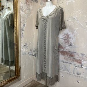 Positano 2X midi shirt dress fairy grunge embroidery sequins eyelet green grey